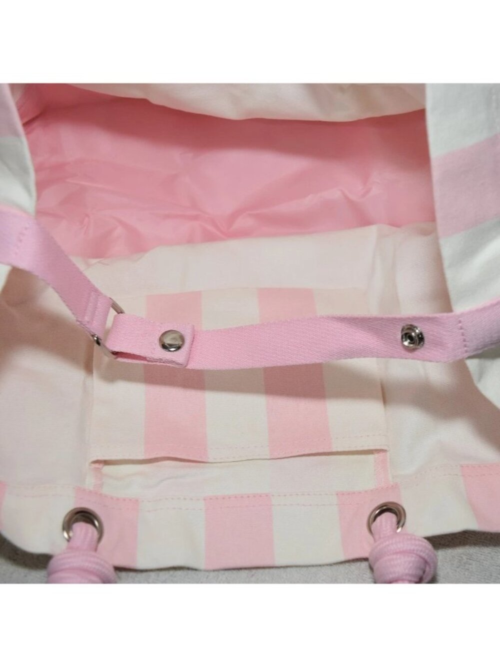 Victorias Secret Pink & White Striped Canvas Tote Bag With Rope Handles - Picture 5 of 6